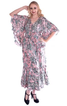 Hedvábně lehké hippie boho šaty s kapsami růžové L st1001