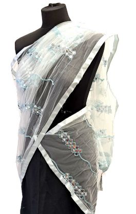 Vyšívaná tylová dupatta se zrcátky bledě modrá dh1841