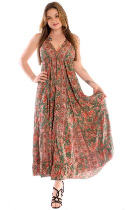 Hedvábně jemné hippie boho šaty s kapsami zeleno-červené sty1057