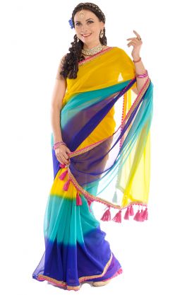 Bollywood Darling sárí se střapečky modro-žluté v8425