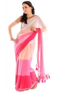 Bollywood Darling sárí se střapečky růžovo-bílé v8421