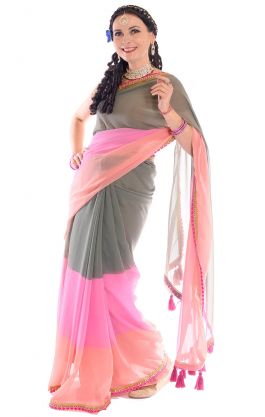 Bollywood Darling sárí se střapečky šedo-růžové v8420