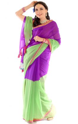Bollywood Darling sárí se střapečky zeleno-fialové v8419