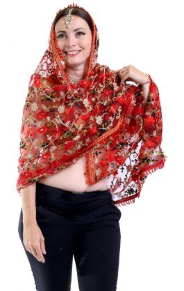 Vínová tylová dupatta - závoj dh1857