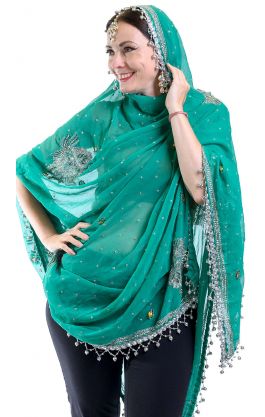 Luxusní vyšívaná akvamarínová dupatta dh1867