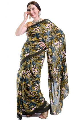 Elegantní viskózové sárí "Jungle" olivově zelené v8483