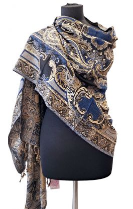 Hřejivá "kašmírová" šála z Indie - modro-slonovinová sl3675
