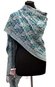 Oboustranná hřejivá "kašmírová" šála bílo-tyrkysová sl3724