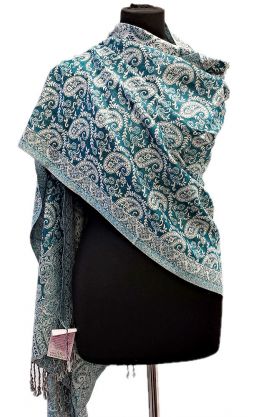 Oboustranná hřejivá "kašmírová" šála bílo-tyrkysová sl3724