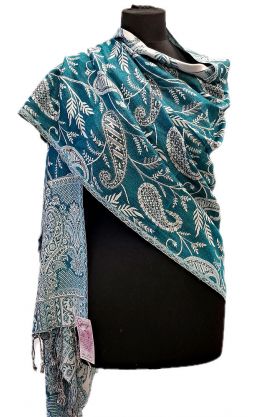 Oboustranná hřejivá "kašmírová" šála bílo-tyrkysová sl3727