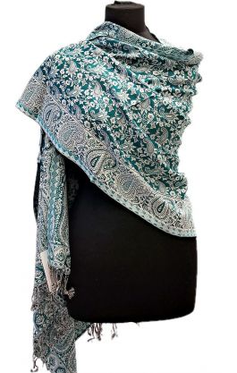 Oboustranná hřejivá "kašmírová" šála bílo-smaragdová sl3733