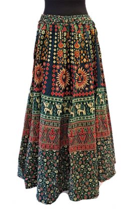 Bavlněná dlouhá indická sukně s razítky zelená suk5936