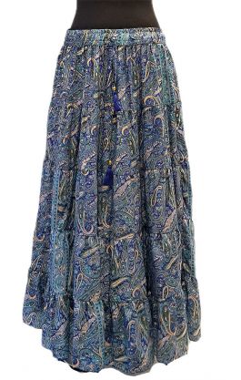 Hedvábně jemná dlouhá letní sukně z Indie modrá se zlatem suk5943
