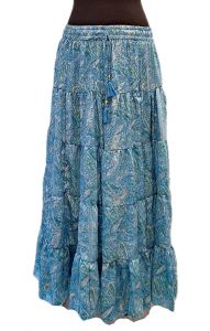 Hedvábně jemná dlouhá letní sukně z Indie tyrkysová se zlatem suk5944
