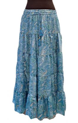 Hedvábně jemná dlouhá letní sukně z Indie tyrkysová se zlatem suk5944