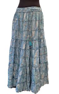 Hedvábně jemná dlouhá letní sukně z Indie blankytná se zlatem suk5945