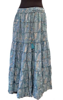 Hedvábně jemná dlouhá letní sukně z Indie blankytná se zlatem suk5945