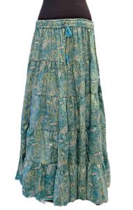 Hedvábně jemná dlouhá letní sukně z Indie pistáciová se zlatem suk5946