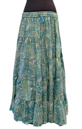 Hedvábně jemná dlouhá letní sukně z Indie pistáciová se zlatem suk5946