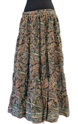 Hedvábně jemná dlouhá letní sukně z Indie lahvová se zlatem suk5948