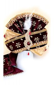 Luxusní indický turban Maharádža vínovo-zlatý tu127