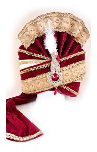 Luxusní indický turban Maharádža vínovo-zlatý tu131