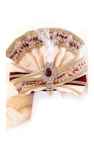 Luxusní indický turban Maharádža vínovo-zlatý tu139