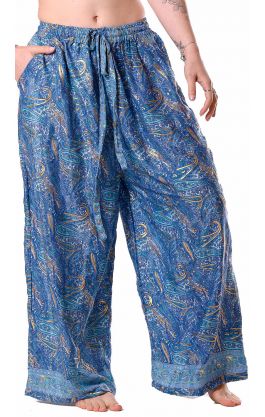 Hedvábně jemné palazzo kalhoty se zlatým tiskem blankytné kal1749