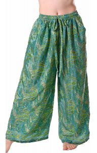 Hedvábně jemné palazzo kalhoty se zlatým tiskem zelenomodré kal1751
