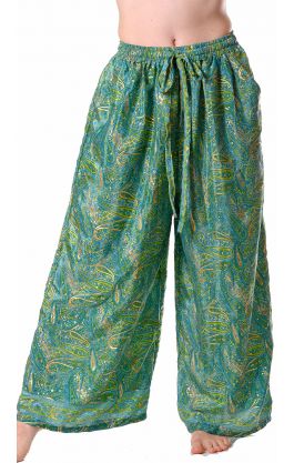Hedvábně jemné palazzo kalhoty se zlatým tiskem zelenomodré kal1751