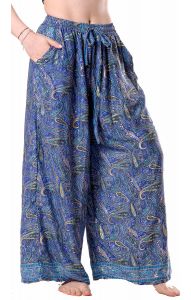 Hedvábně jemné palazzo kalhoty se zlatým tiskem modré kal1753