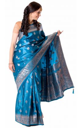 Luxusní slavnostní sárí z Váránasí tyrkysové v8564