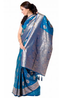 Luxusní slavnostní sárí z Váránasí tyrkysové v8569