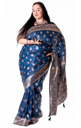 Luxusní slavnostní sárí z Váránasí petrolejové v8572