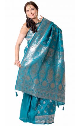 Luxusní slavnostní sárí z Váránasí tyrkysové v8573