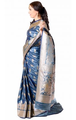 Luxusní brokátové sárí s pávy ocelově modré v8577