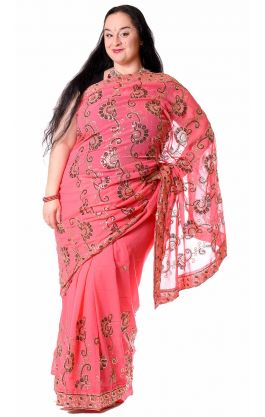 Třpytivé bollywoodské sárí lososové v8583