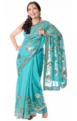 Třpytivé bollywoodské sárí akvamarínové v8584