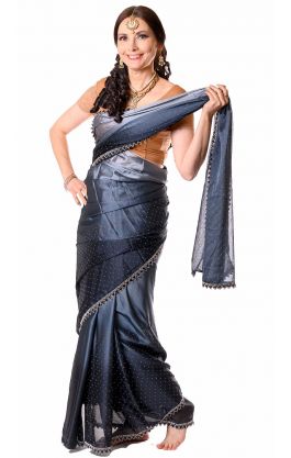 Luxusní třpytivé saténové stínované sárí černé v8589