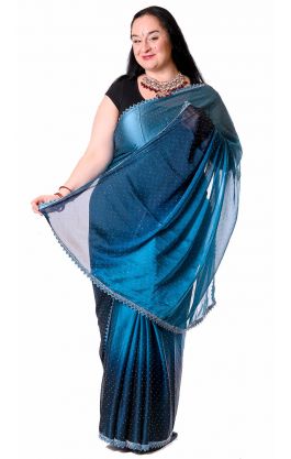 Luxusní třpytivé saténové stínované sárí modré v8590