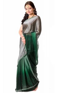 Luxusní třpytivé saténové stínované sárí ocelově zelené v8591