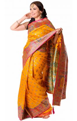 Bohatě zdobené luxusní sárí z Indie žluté v8597