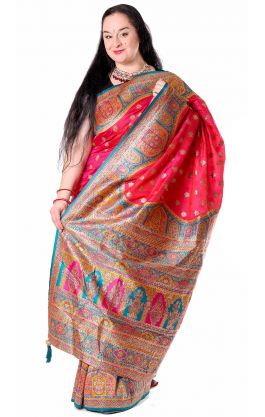 Bohatě zdobené luxusní sárí z Indie jahodové v8598