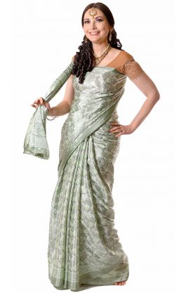 Saténové sárí s kašmírovým vzorkem ocelově zelené v8603