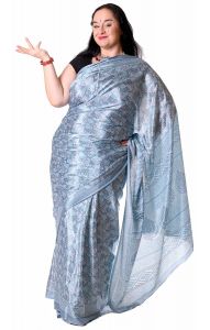 Saténové sárí s kašmírovým vzorkem ledové v8607
