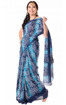 Květované šifonové sárí modré v8627