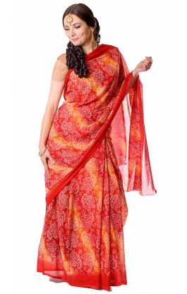 Květované šifonové sárí červené v8628