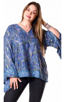 Hedvábně jemná elegantní halenka se zlatým tiskem modrá ha2328